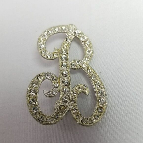 Vintage B Monogram Initial Letter Rhinestone Brooch, Silver Tone Lapel Pin - Picture 2 of 8